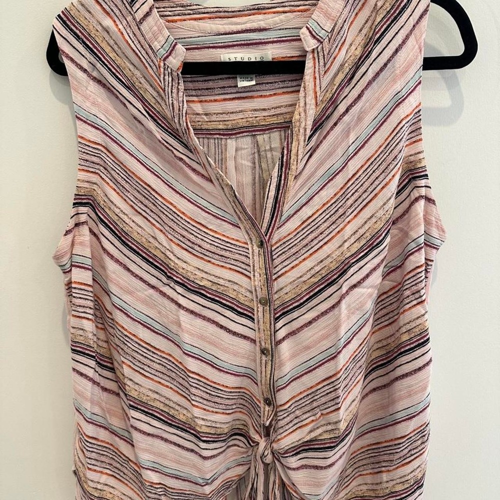 Studio JPR pink, brown, and beige striped blouse with tie front detail, size XL